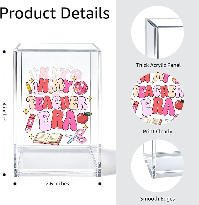 In My Teacher Era Acrylic Pen Holder Cosmetic Organizer, Funny Education Pencil Pen Holder for Desk, Desk Accessories Teacher Appreciation Gifts, Back To School Organizer for Education Scholar