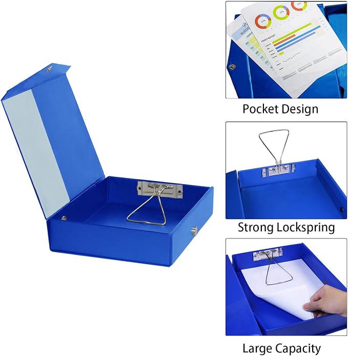 6 Pack Foldable Plastic Box Files A4 with Metal Clip,65mm Spine,Document Archive Folders for Office（Blue）