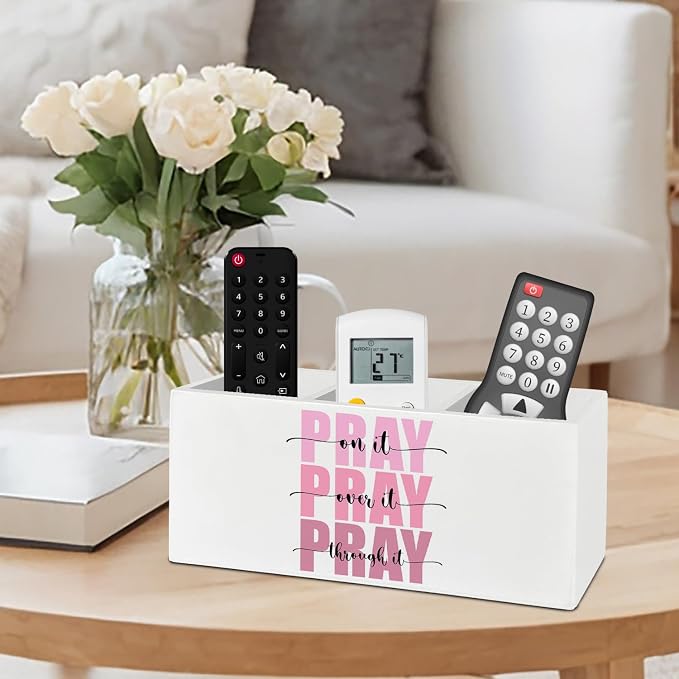 Pink Christian Bible Pen Pencil Holder Organizer for Desk Accessories, Pray on Over Through It Wooden Box Sign Desk Decor for Home Office Decoration, Christian Gifts for Women Men