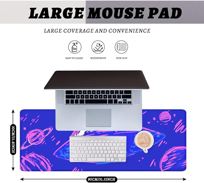 Cute Space Desk Pad Mouse Pad Cosmic Cat Neon Cartoon Extended Gaming Mousepad Mat with Stitched Edge Non-Slip Base Big Mousepad Office Home Decor for Women Girl 31.5"x11.8"
