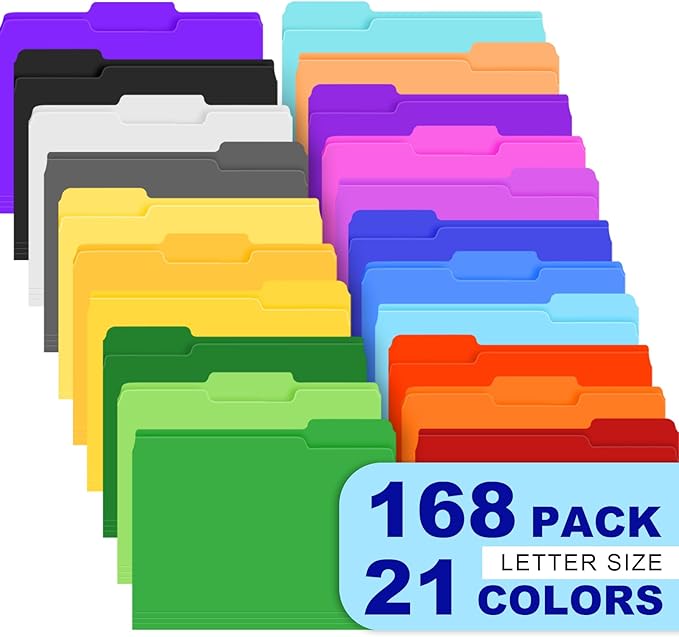 TUXIYA 168 Pack Colored File Folders,21 Colors File Folders Letter Size Manilla Folders 8.5 x 11,1/3 Cut Tab Filing Folders for Office School Business Documents Files Paper