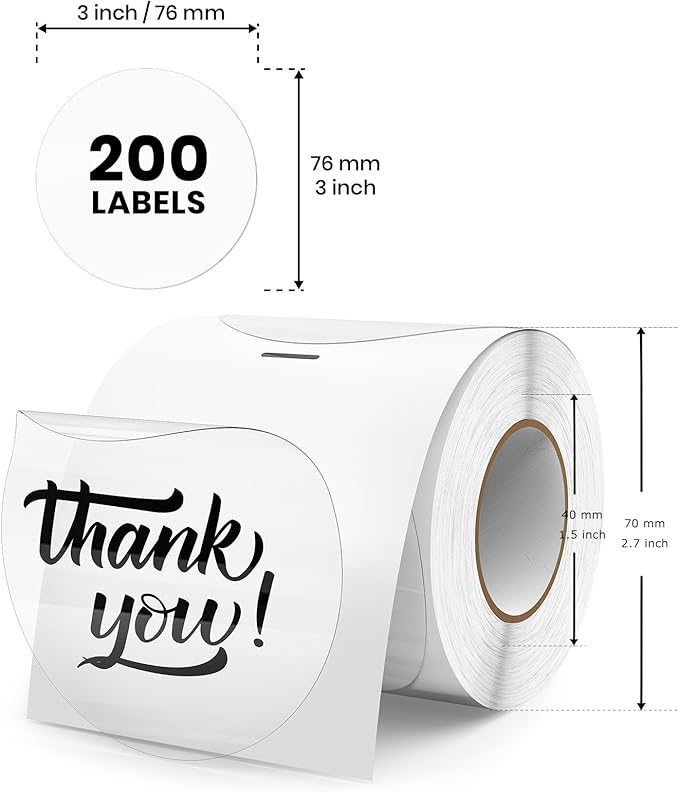 Clear Thermal Labels Round Vinyl 3 Inch Transparent Direct Printer Label Circle Self Adhesive Waterproof Decals Roll for Home Office Business QR Code Seal DIY Logo 200 PCS