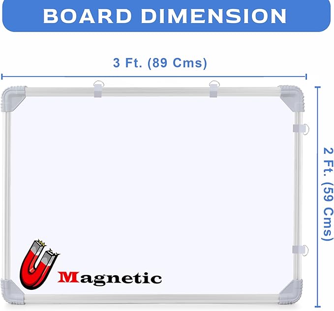 (Magnetic) 2X3 Feet White Board with (Marker, Duster and Magnets) Ideal Use for Home, Office, Kids with Sliding Hanging Clips, Robust Aluminum Frame and Smooth Melamine Surface (89X59 cms)
