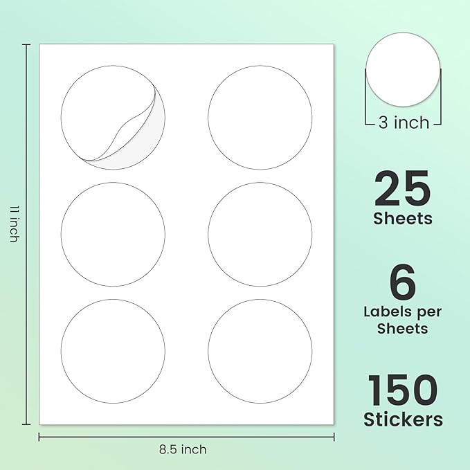 L LIKED 3'' Diameters Round Printable 150 Labels Sticker Labels for Laser/Inkjet Printer, Matte White Blank Circle Stickers for Jars,Packaging & Product Labeling (25 Sheets)