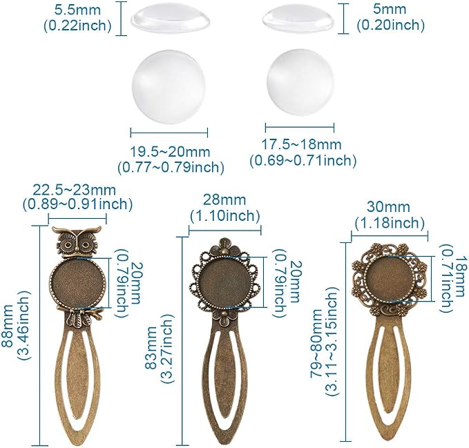 FASHEWELRY 24 Pcs 6 Styles Mixed Colors Bookmark Tray Pendant Kit Include 12Pcs Round Blank Bezel Base Setting Charms with 12Pcs Clear Glass Dome Tiles Cabochons (18mm, 20mm)