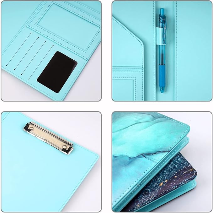 WAVEYU Padfolio Business, Resume Portfolio Folder, Leather Interview Organizer with Legal Pad Clipboard for Men Women, Blue Marble