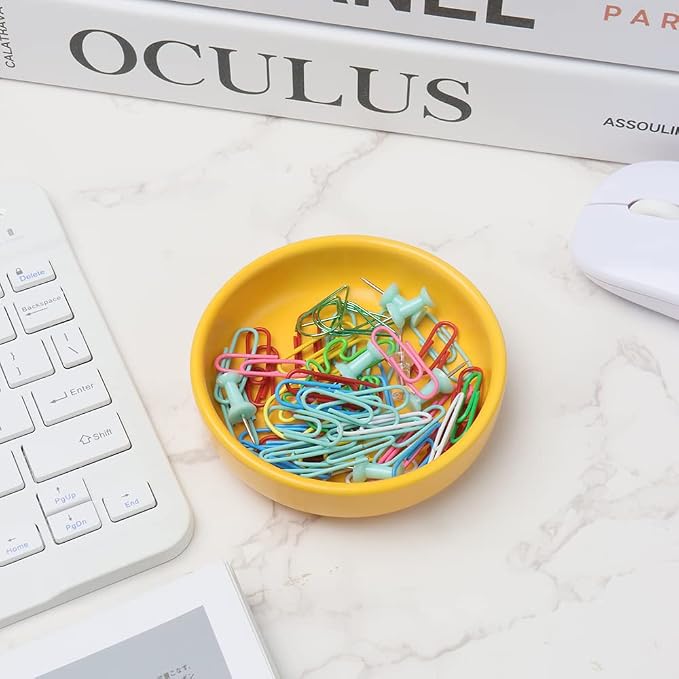 AxeWoodz Yellow Paper Clips Holder 2pcs Ceramic Square and Round Paper Clip Dispenser Set Office School Home Paperclips Organizers for Daily Desktop Storage