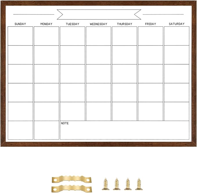 Dry Erase Monthly Calendar Whiteboard, Magnetic White Board for Wall, Solid Pine Wood Walnut Brown Frame Hanging Board for Office/School/Home，17.7"x 23.6"(YL-WB-4560-B)