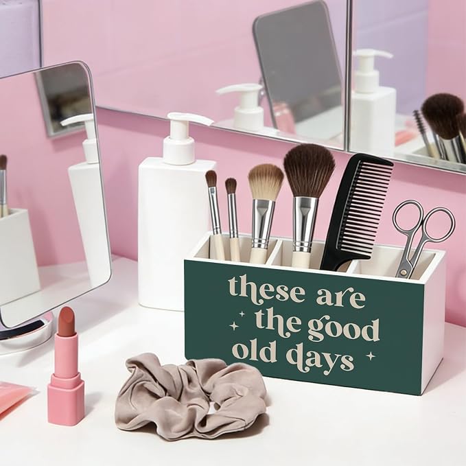 Green Inspirational Pen Pencil Holder for Desk, Motivational Inspirational Gifts, These Are the Good Old Days Positive Affirmation Wooden Box Sign Decorations for Home Office Desk Tabletop