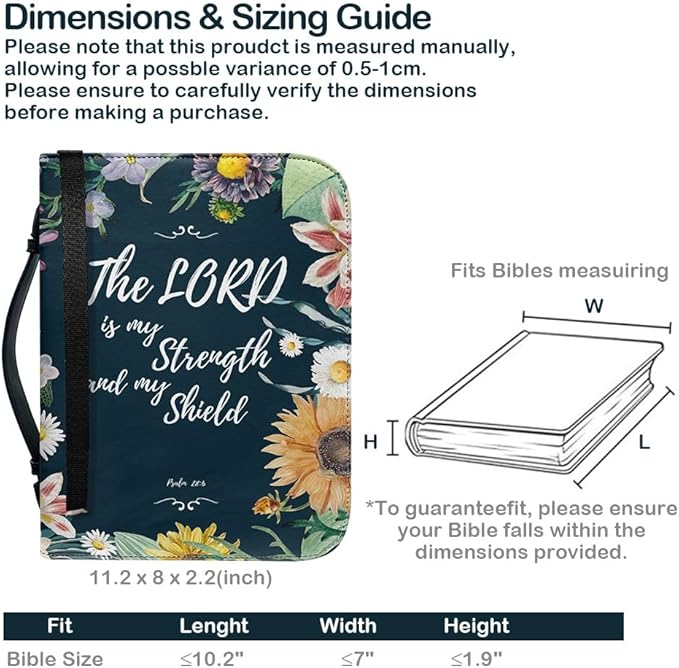 Bible Case with Handle and Zipper, Premium PU Leather Waterproof Bible Cover 11.2 x 8 x 2.2 Inches, Book Case for Standard Size Bibles with Pen Storage, Bible Accessories Gifts (Floral)
