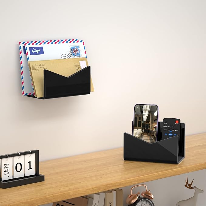 Richboom Acrylic Mail Holder, Envelope Holder for Desk Countertop Letter Holder for Home Office School (1 Section Black - 2 Pack)