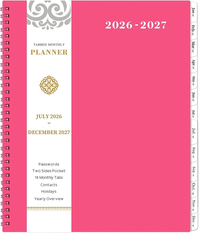 2026-2027 Monthly Planner - JUL 2026 - DEC 2027 Monthly Planner/Calendar 2026, 18 Month Planners with Tabs & Pocket & Label, Contacts and Passwords, 9" x 11", Thick Paper, Twin-Wire Binding - Rose Red