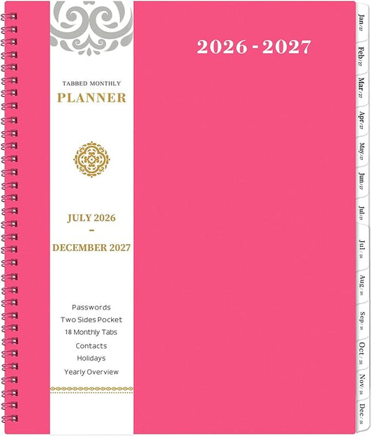 2026-2027 Monthly Planner - Planner/Calendar 2026-2027, Jul 2026 - DEC 2027, 9" x 11", 18 Monthly Planners with Tabs, Pocket, Label, Contacts and Passwords, Twin-Wire Binding- Rose Red