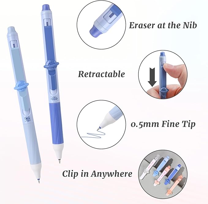 8 Pcs Cute Erasable Gel Pens with Erasers, 0.5 mm Fine Point Black & Blue Ink Pens, Smooth Writing Retractable Pen for Note Taking and Crossword Puzzles (Blue)