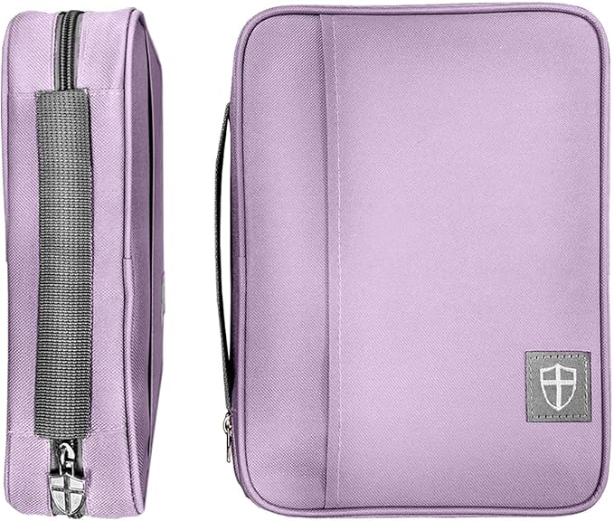 Armor of God Bible Cover & Book Cover | Oxford Cloth with Handle & Cross Emblem Zipper-Pull | 4 Pen Loops Inside Cover | Outside Pocket | Black & Lavender | Large & XL