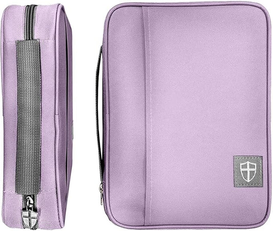 Armor of God Bible Cover & Book Cover | Oxford Cloth with Handle & Cross Emblem Zipper-Pull | 4 Pen Loops Inside Cover | Outside Pocket | Black & Lavender | Large & XL