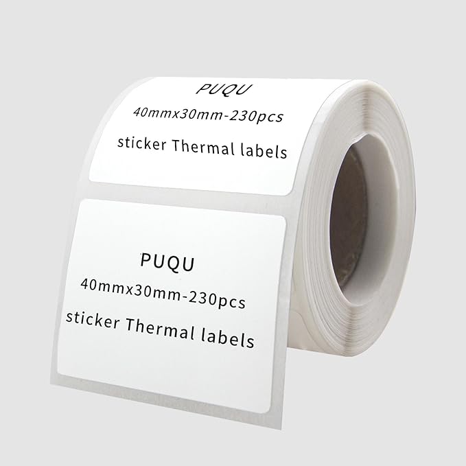 PUQU 40x30mm Direct Thermal Sticker Labels, Self-Adhesive All-Purpose Label Maker Tape, Compatible with AQ Series Label Printer, Refills Standard Laminated Office Labeling, 1 Roll of 230 Labels