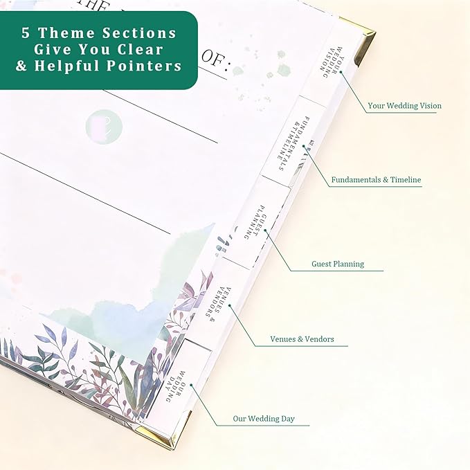Spiral Wedding Planner Niotebook with Countdown Calendar, Beautiful Boho Wedding Planner Book and Organizer with Guiding Tab, Bridal Planning Binder (Green Leaves)
