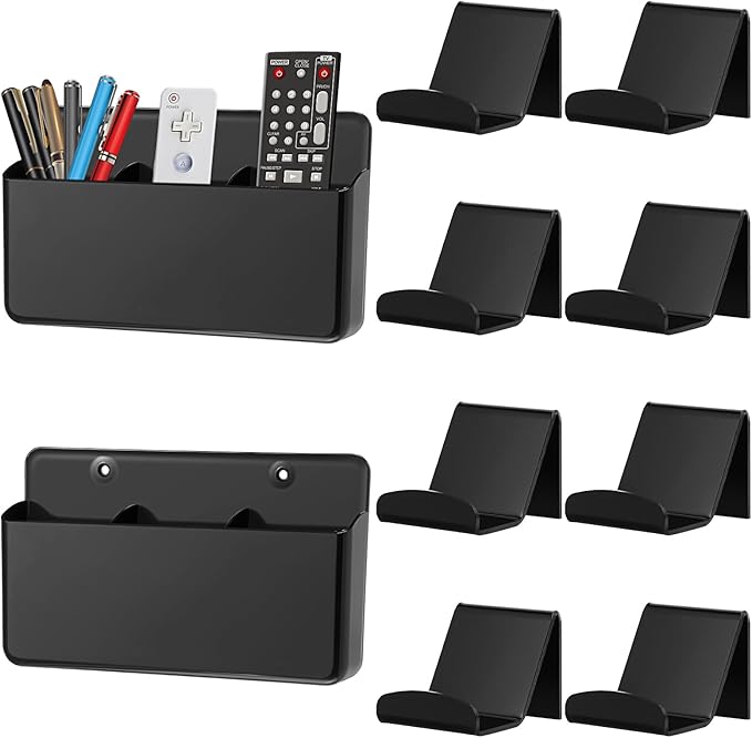 Chunful 10 Packs Black Wall Mount Holder Stand 2 Pcs Three Compartments Universal Remote Control Holders 8 Pcs Controller & Headset Wall Mount Holder Stand for Home Office School