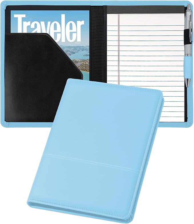 Classic Padfolio/Junior Portfolio Folder Case, Business A5 Binder Organizer Notepad for Men Women, 5 x 8 Writing Pad Included, Sky Blue