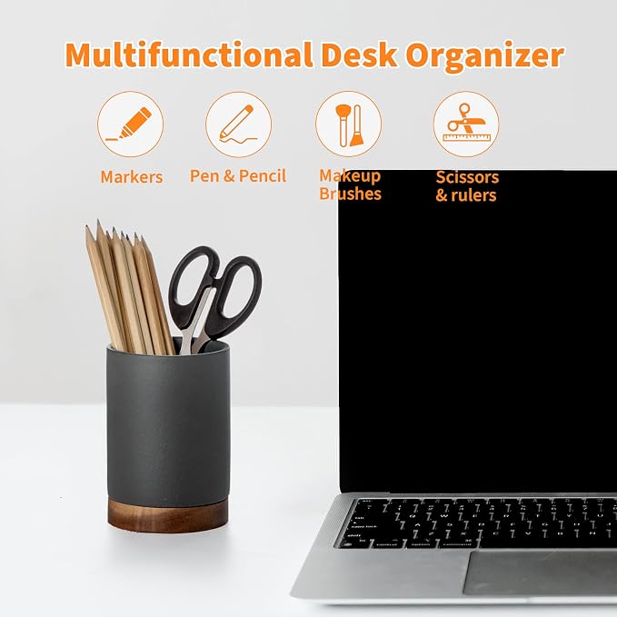 Ceramic Pen Holder for Desk, Pencil Organizer & Makeup Brush Holder, Office Decor and Desk Accessories, Perfect Office Organization, Teacher Supplies (Dark Grey, Set of 1)