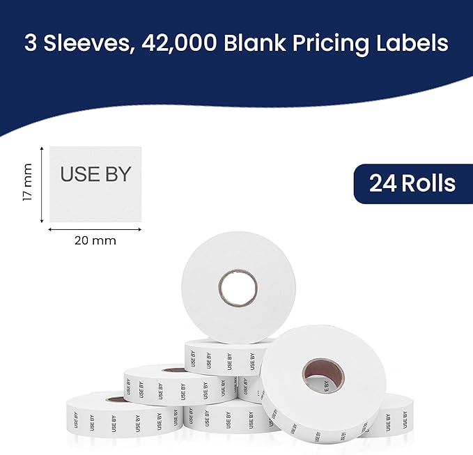Perco USE BY Labels for Monarch 1136 Price Gun - Buy 2 Sleeves Get 1 Free! 24 Rolls, 42,000 Labels - with Bonus Ink Rolls