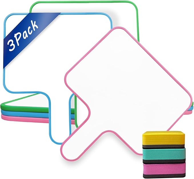 3 Pack Dry Erase Answer Paddles 10''x 8'' - Double Sided Handheld Mini Whiteboards with 3 Colorful Erasers Voting Auction Boards Small Writing Board for Office Classroom Teacher Supplies and Games