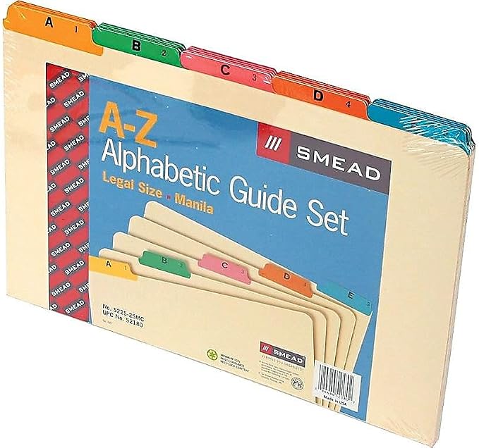 Smead 52180 Recycled Top Tab File Guides, Alpha, 1/5 Tab, Manila/Color, Legal (Set of 25)