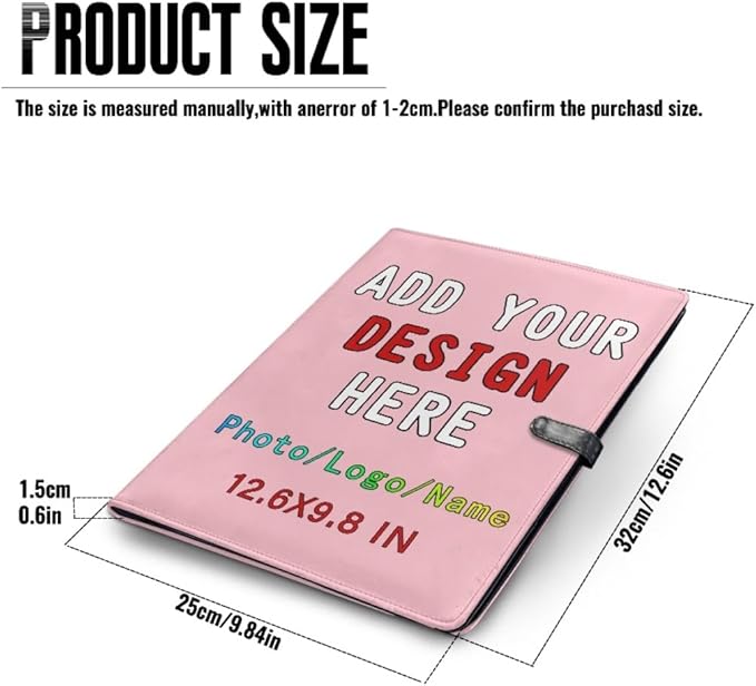 Personalized Padfolio Clipboard Folder Add Your Own Logo Text Text, Custom Leather Portfolio for Men Women with A4 Size Clip Board, Pink