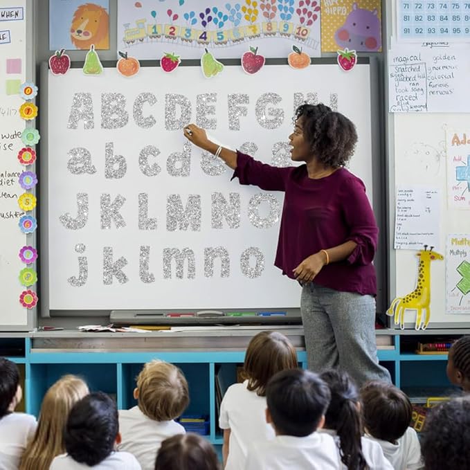 225Pcs Glitter Bulletin Board 4inch Letters with Adhesive Dots Punctuation Symbols Cutout for Classroom Numbers Alphabet School Display Decorating Supplies (Silver)