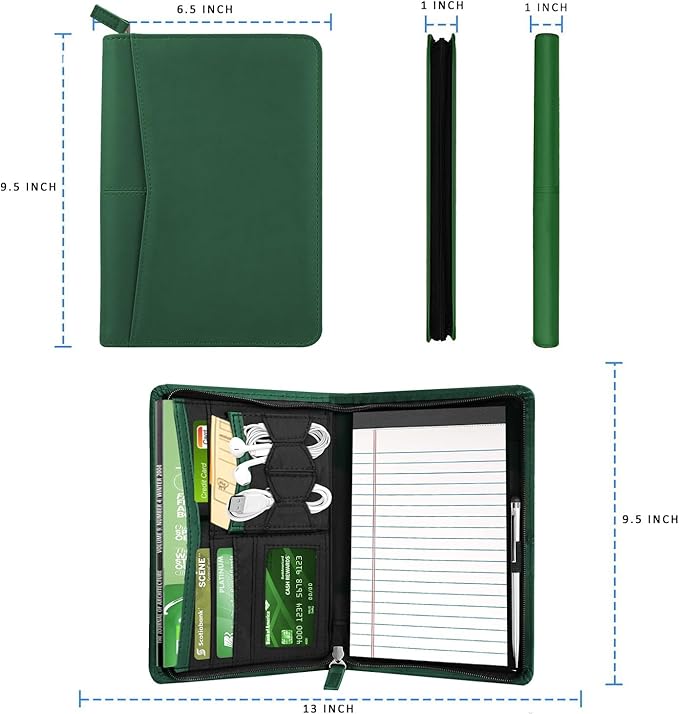 Junior Padfolio Portfolio with 5 x 8 Writing Pad, A5 Business Portfolio Binder Folder Organizer Multi-Function Combination Case for Men Women, Dark Green