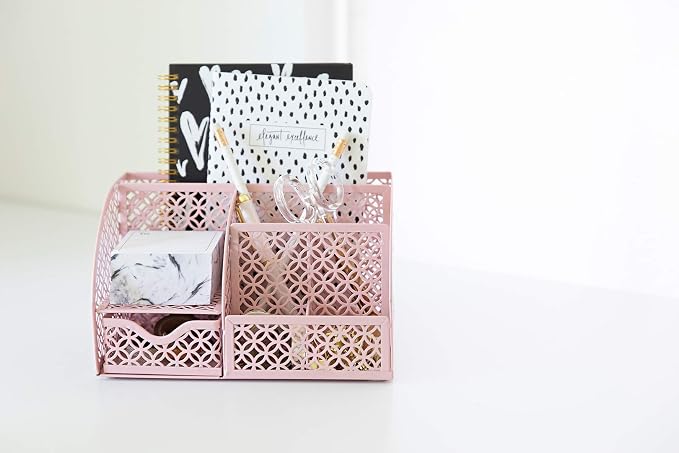 BLU MONACO Light Pink Desk Organizer | Cute Metal Desktop Organizer with Drawer & 6 Compartments | Girly Office Supply Storage for Home Office, School Locker & Workspace