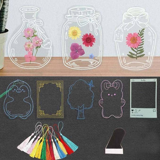YCOSAN 70 Pcs Dried Flower Bookmark Kit, DIY Transparent Thousand Flower Bookmarks, Handmade Clear Bookmark Page