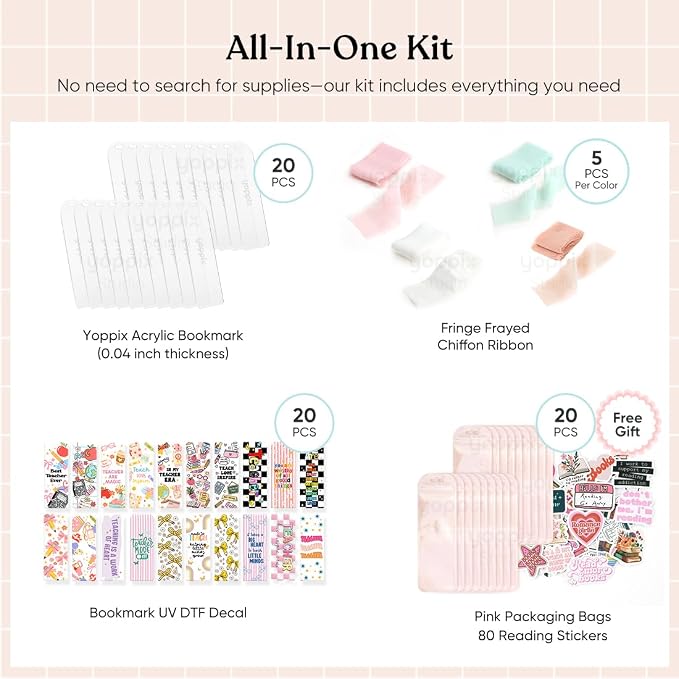 YOPPIX 6x2” Acrylic Bookmark Blanks- 20 Set Bookmark Making Kit with 20 UV DTF Stickers About Teacher Theme 20 Ribbon 80 Bookish Stickers for DIY Your Crafts Gift for Teacher