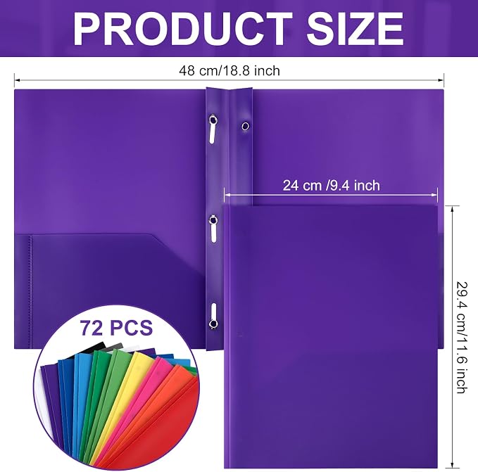 Cholemy 72 Packs Pocket Folders with Prongs Heavy Duty Plastic Folder with Business Card Slot 3 Prong Fasteners for School Office (Rainbow)