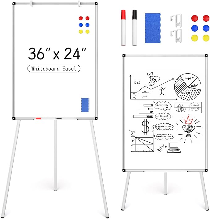 Magnetic Whiteboard Easel Stand, Dry Erase 36 x 24 White Board with Height Adjustable Tripod Stand, 3' x 2' Flipchart Easel Stand Presentation Board, 6 Magnets, 1 Eraser, 2 Pens