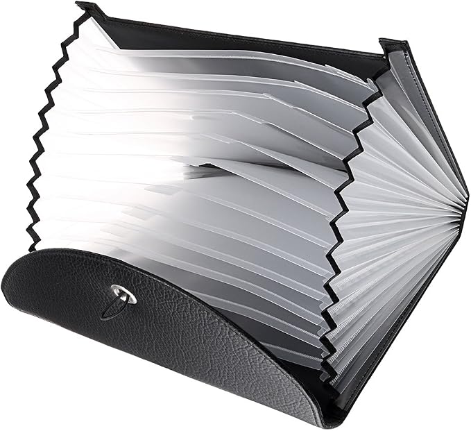 BTSKY PU Leather Expanding File Folders-13 Pockets A4 Letter Size Paper File Folder Accordion Business Document Organizer with Fasteners and Tabs (Black)