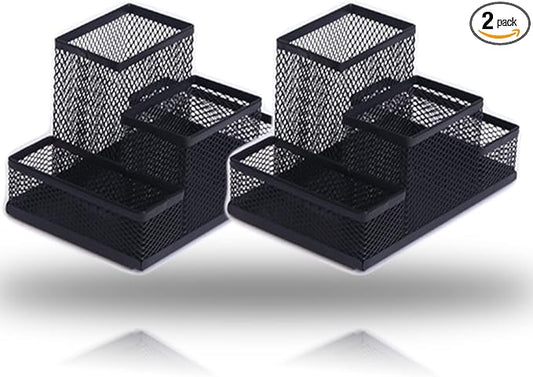 2 Packs Desk Organizer Desktop Mesh Pen Pencil Holder Caddy with 4 Compartments, Office Home School Classroom Accessories Cool Supplies (2Pcs Black)