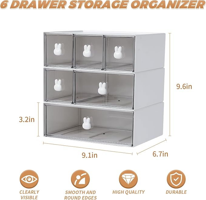 Plastic Desk Organizer with Drawers,Desktop Organizer Drawers Storage,3 Tier Drawer Organizer with 6 Drawers,Stackable Storage Drawers for Office （H 9.6in）, White