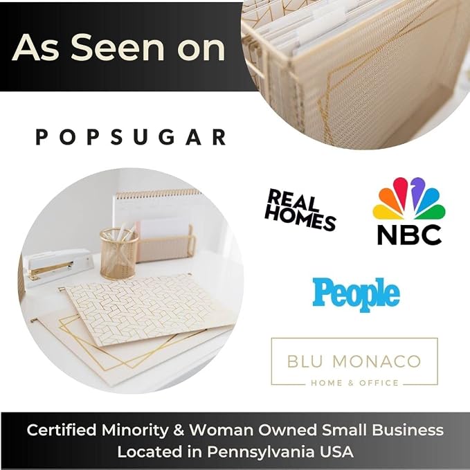 BLU MONACO | Decorative Hanging File Folders Letter Size 12 Pack | Cream White Filing Set with Gold Foil | Hanging Legal File Folders with Tabs for Cabinet Organization