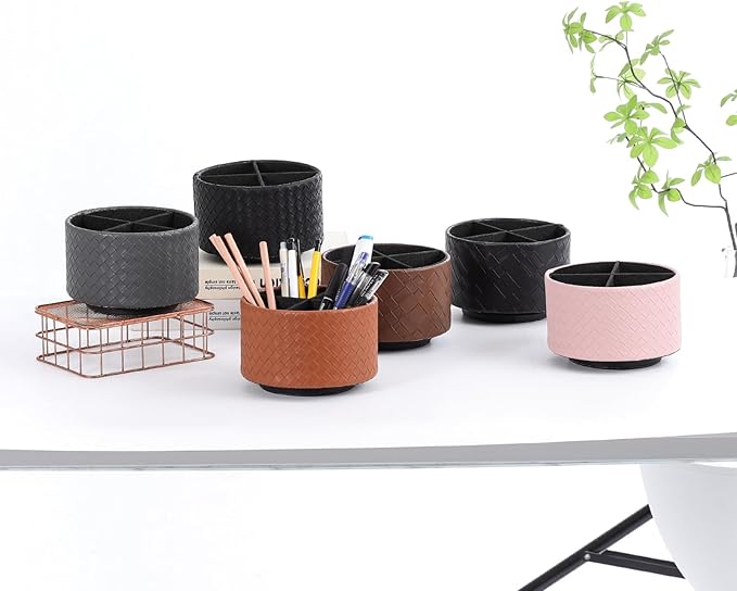Spinning Pencil Holder, PU Leather 360 Degree Rotating Remote Control Holder for Table with 4 Compartments, Cute Pen Holder Desk Organizer, Black PH116