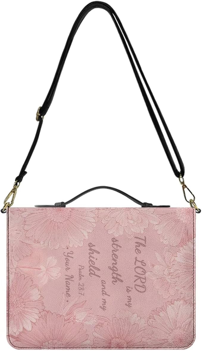 Custom Bible Cover for Women, Personalized Bible Carrying Case with Name, Psalm 28:7 Print PU Leather Biblia Carrier with Strap Handle Inner Pockets and Pen Loop, Christian Gifts for Women