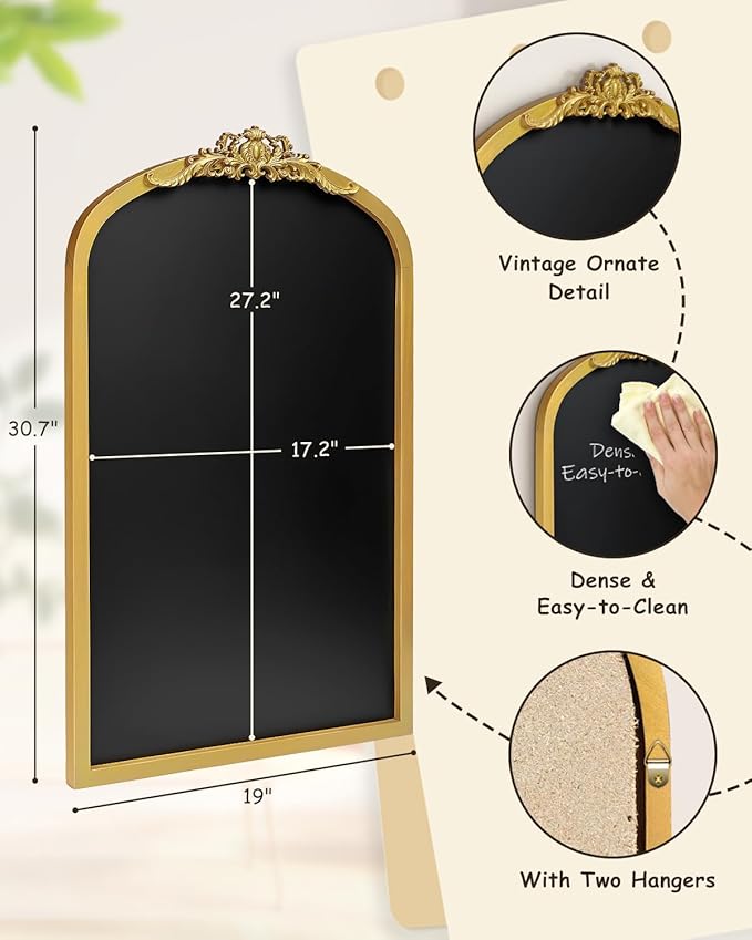 OKYDOKY Arch Chalkboard; 19 x 31 Framed Arched Ornate Vintage Magnetic Chalkboard, Gold Pine Wood Fram, Ideal as a Motivational Vision Board or Wall Organizer