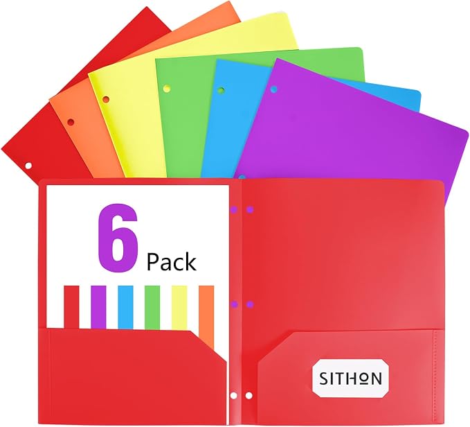 SITHON 6 Pack 2-Pocket Folder for 3-Ring Binders, Durable File Folders with Business Card Slot, Tear Resistant Folder for 8.5x11 inch Letter Size, Back to School Office Filing Supplies, Bright Colors