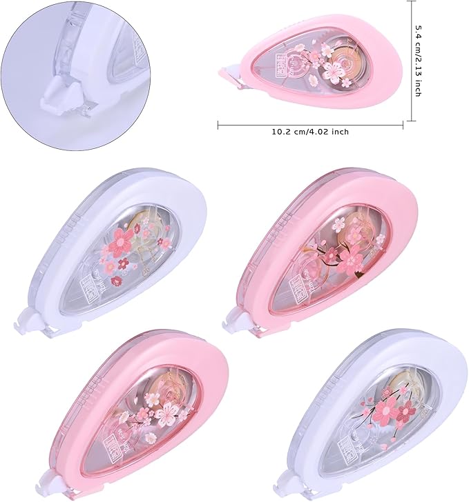 Temiary 4 Pcs White Smooth Pull Out Correction Tape, Quick Dry Applicator for Instant Corrections, Aesthetic Flower Pattern Correction Tapes for Students School Office Supplies (Cherry Blossom)