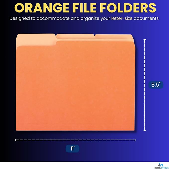 1InTheOffice Orange Folder, Orange File Folders, Durable Folder, File Folder Letter Size, 1/3 Cut Assorted Tab, 100 pcs (100)