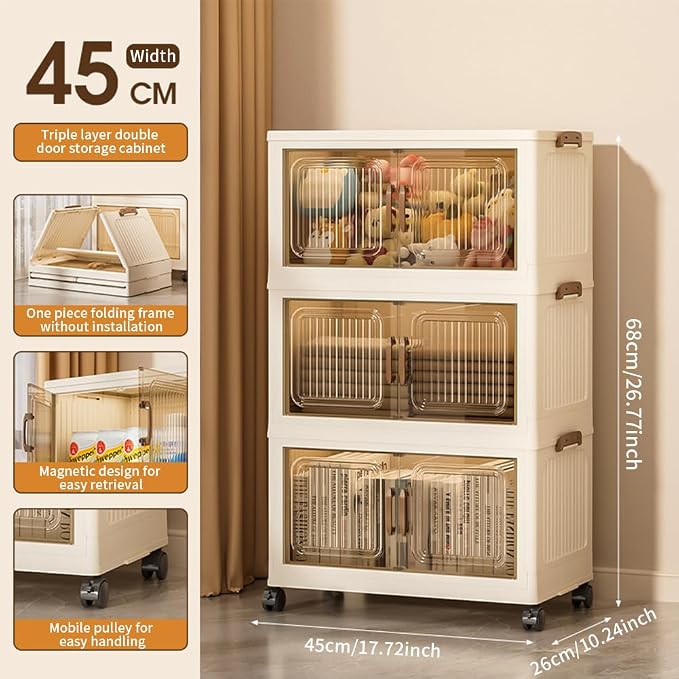 Thick Foldable Storage Bins with Wheels, Closet Organizers with Lid, Multi-Layer Stackable Organizer for Living Room, Bedroom, Kitchen, Office, Dorm