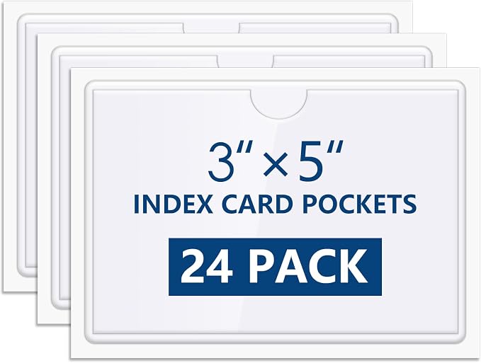MaxGear 3" x 5" Index Card Holder, 24 Pack Labels for Storage Bins, Clear Adhesive Pockets with Top Open Loading, Plastic Label Holders Tote Bag Labels Stickers for Organizing Library Card Shelves