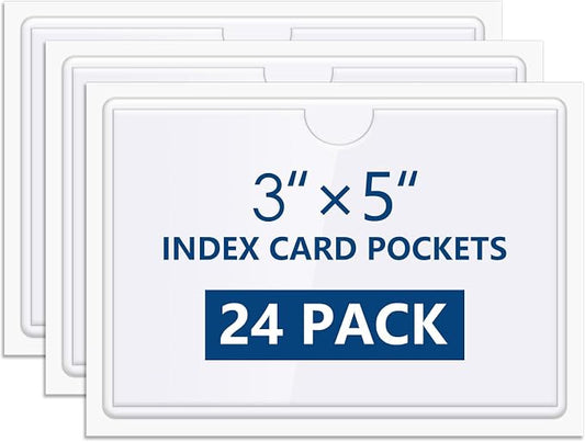 MaxGear 3" x 5" Index Card Holder, 24 Pack Labels for Storage Bins, Clear Adhesive Pockets with Top Open Loading, Plastic Label Holders Tote Bag Labels Stickers for Organizing Library Card Shelves