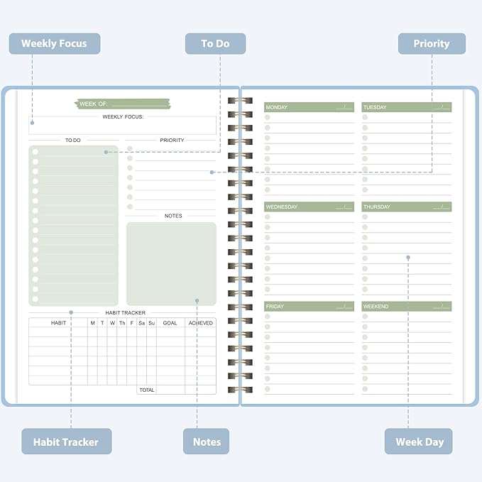 Undated Weekly Planner, Weekly To Do List Notebook with Goal, Organizer & Habit Tracker, A5 Daily Planner with Spiral Binding, Ideal for Office School Suppies